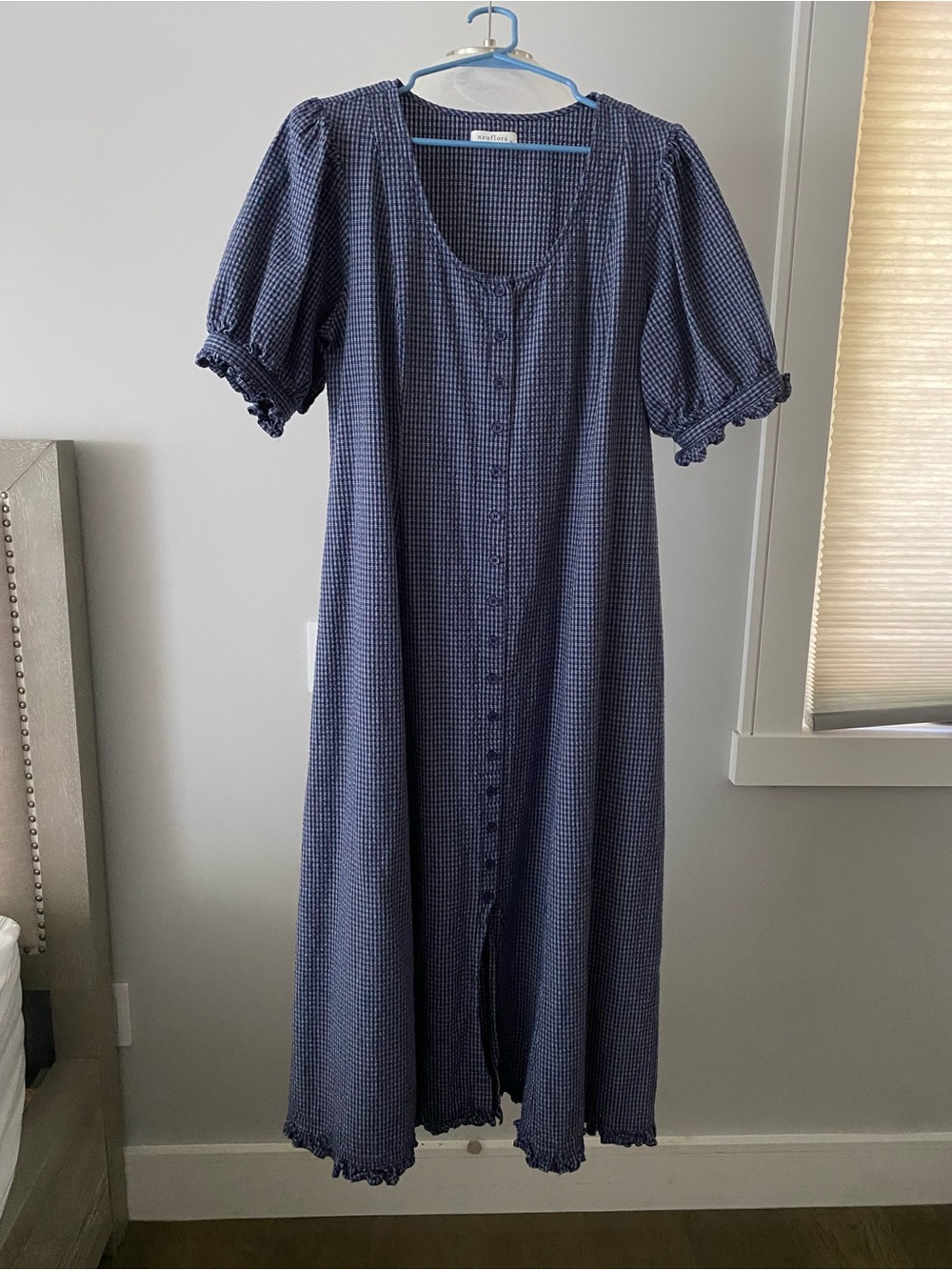 Navy Gingham Button-Front Midi Dress with Puff Sleeves - Picture 6 of 6